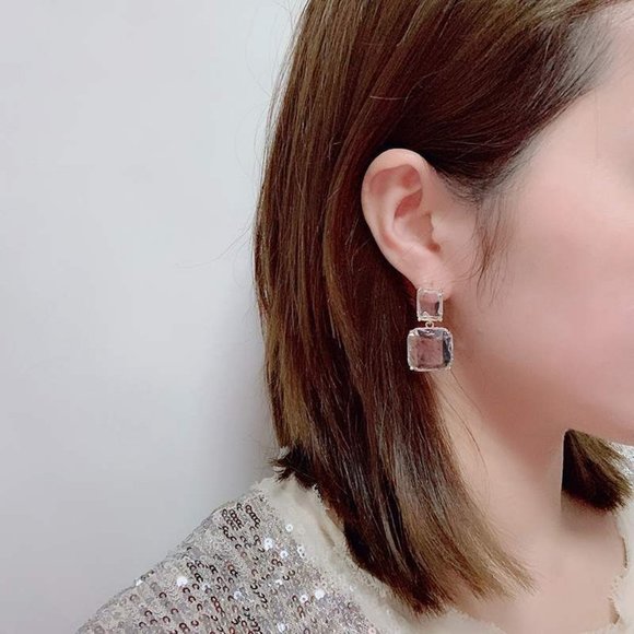 NEW Gold Double Crystal Square Drop Earrings - Picture 5 of 6